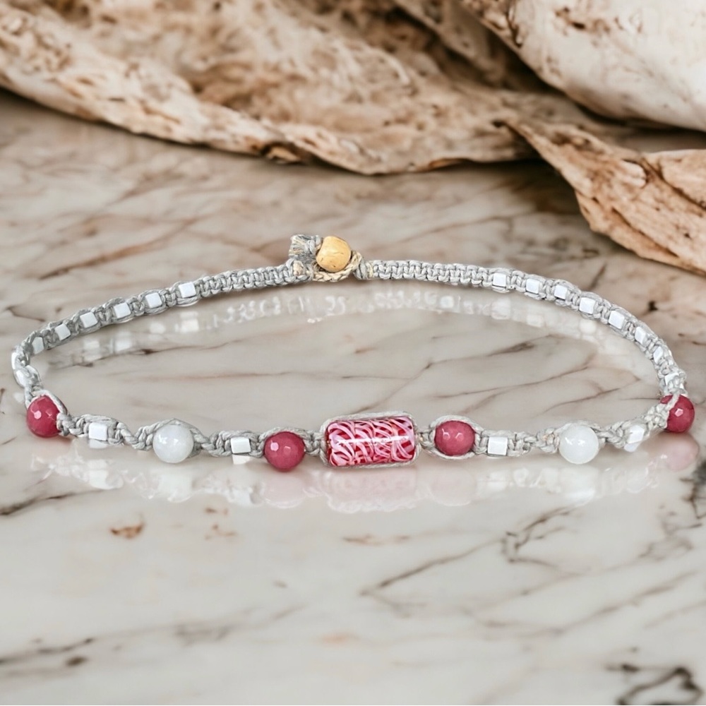 Soft Natural woven hemp choker with pink jade and snow white quartz gemstones